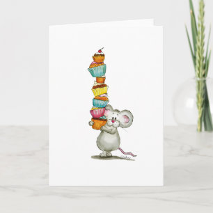 Cute Mouse is carrying Cupcakes - by Gerda Steiner Letterpress Thank You Card