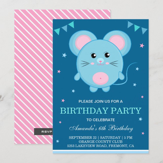 Cute Mouse Kids Birthday Party Invitation (Front/Back)