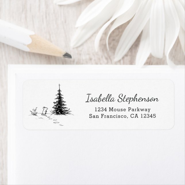Cute Mouse Line Art Whimsical Return Address Label (Insitu)