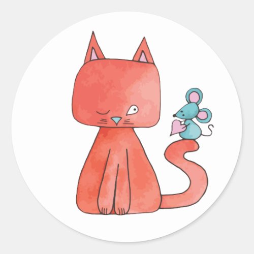 Cute Mouse Loves Kitty Cat Classic Round Sticker