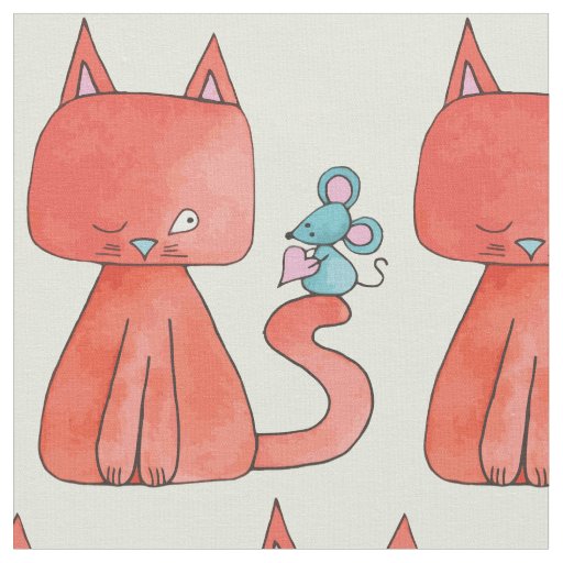 Cute Mouse Loves Kitty Cat Fabric