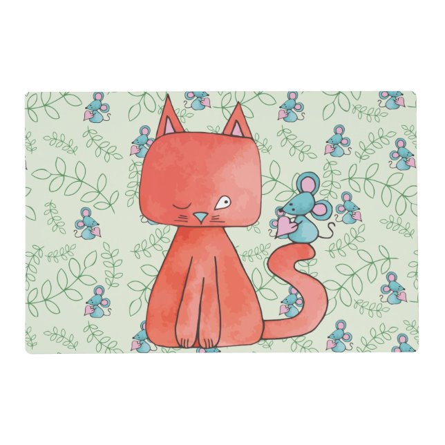 Cute Mouse Loves Kitty Cat Placemat (Front)