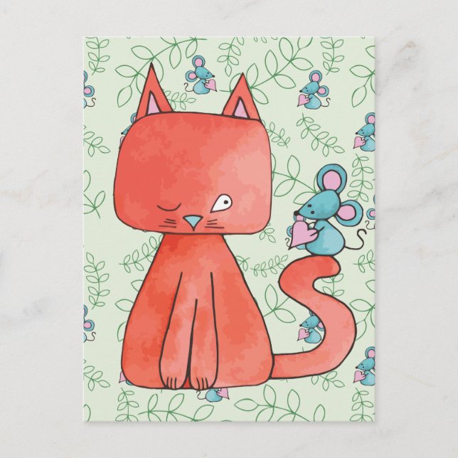 Cute Mouse Loves Kitty Cat Postcard (Front)