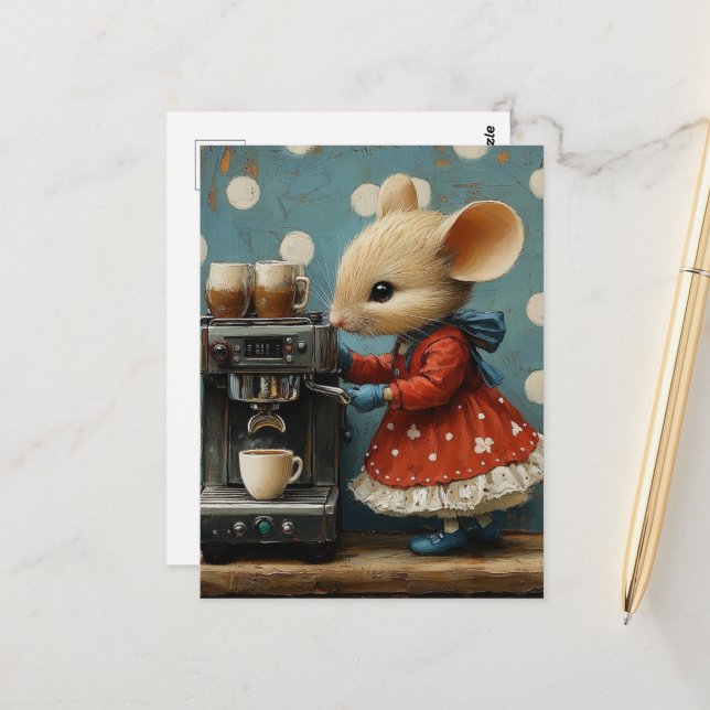 Cute Mouse Makes Coffee Postcard (Front/Back In Situ)