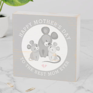 Cute mouse mother and babies gray Mothers Day Wooden Box Sign