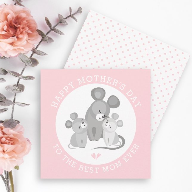 Cute mouse mother and babies pink Mothers Day Holiday Card (Creator Uploaded)
