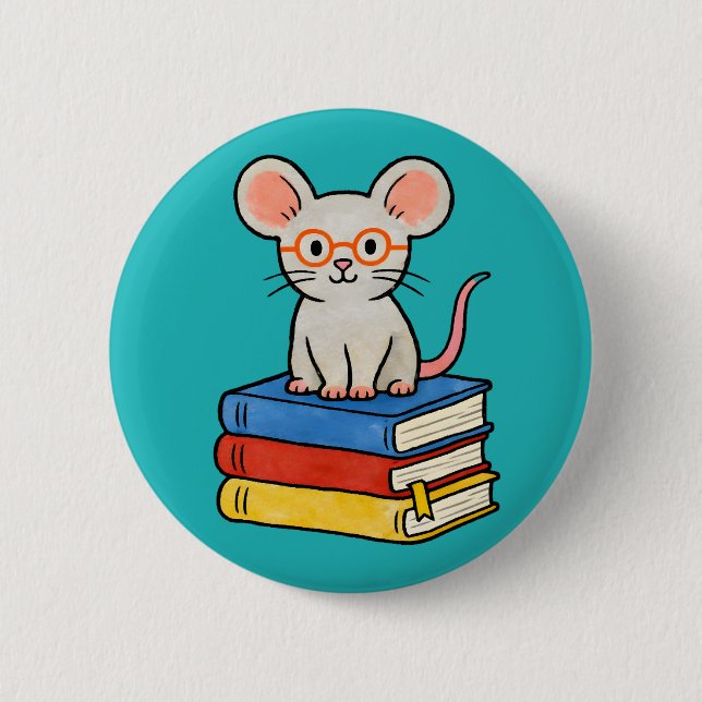 Cute Mouse on Books Stack Button (Front)