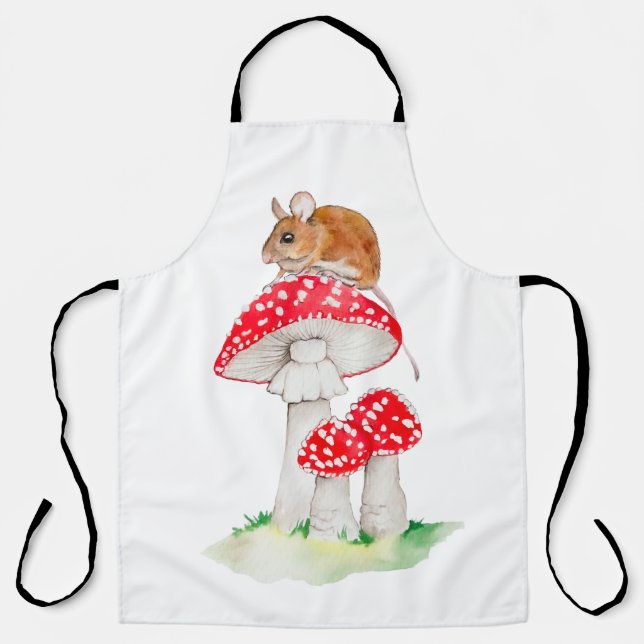 Cute mouse on fly agaric watercolor apron (Front)