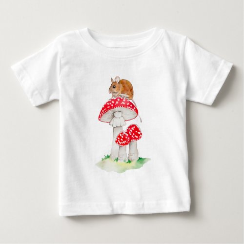 Cute mouse on fly agaric watercolor baby T_Shirt