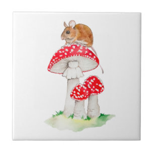Cute mouse on fly agaric watercolor ceramic tile
