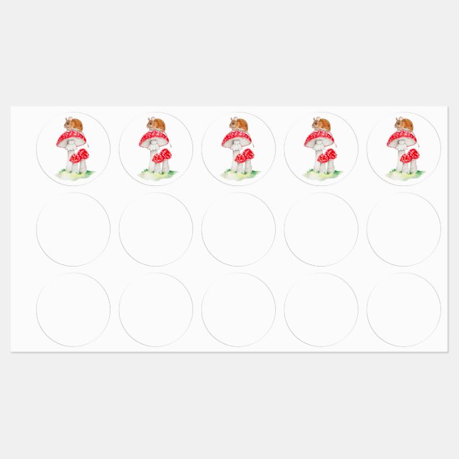 Cute mouse on fly agaric watercolor labels (Sheet)