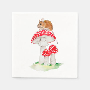 Cute mouse on fly agaric watercolor napkins