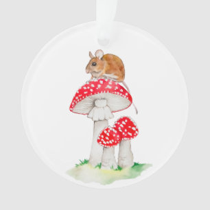 Cute mouse on fly agaric watercolor ornament