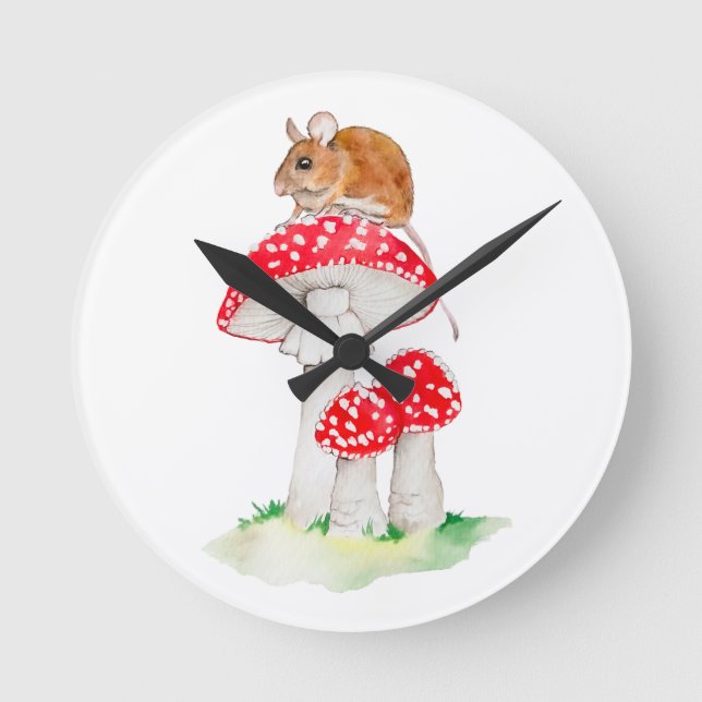Cute mouse on fly agaric watercolor round clock (Front)