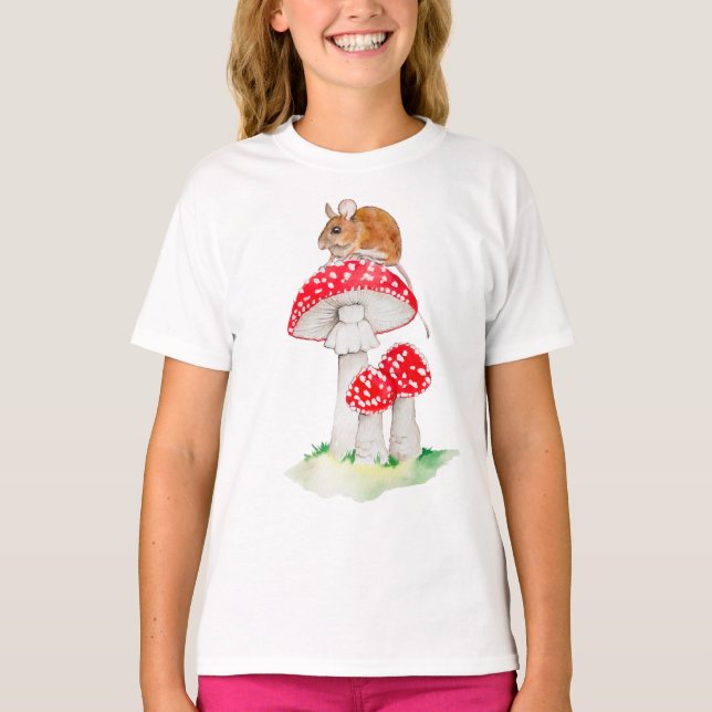 Cute mouse on fly agaric watercolor T-Shirt (Front)