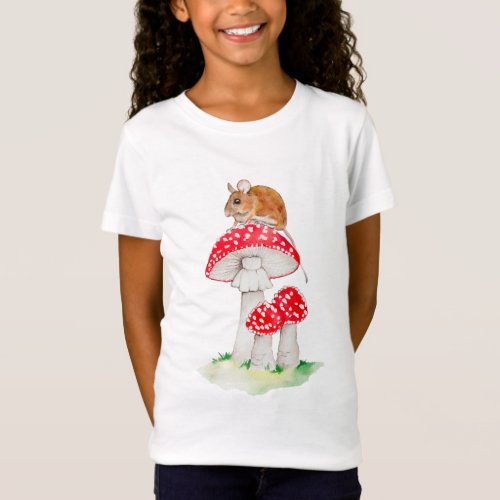 Cute mouse on fly agaric watercolor T_Shirt