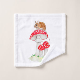 Cute mouse on fly agaric watercolor wash cloth