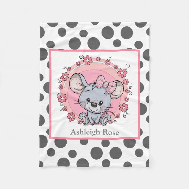Cute Mouse on Gray/White Dots, personalized Fleece Blanket (Front)