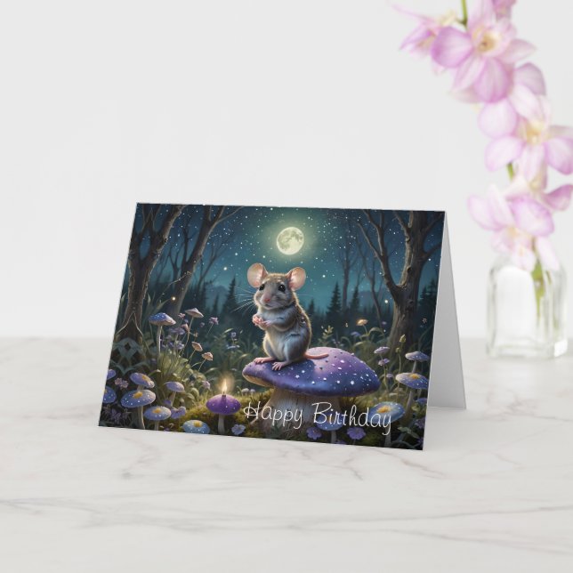 Cute Mouse on Mushroom in Moonlight Birthday Card (Orchid)