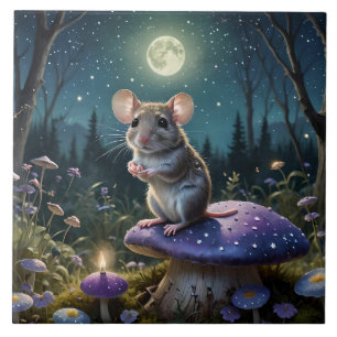 Cute Mouse on Mushroom in Moonlight Ceramic Tile