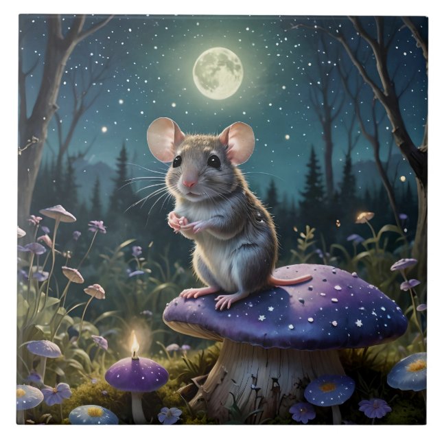 Cute Mouse on Mushroom in Moonlight  Ceramic Tile (Front)