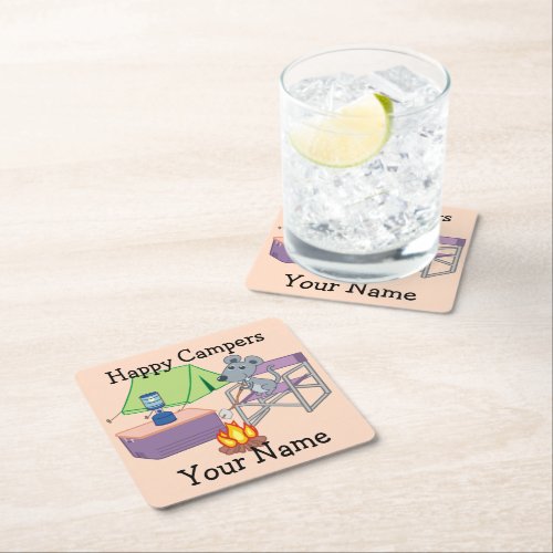 Cute Mouse Personalized Happy Camper Square Paper Coaster