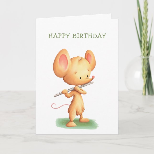 Cute Mouse Playing Flute Musician Birthday  Card (Front)