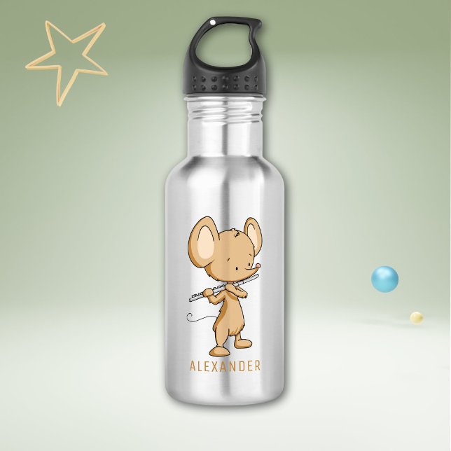 Cute Mouse Playing Flute Personalized Stainless Steel Water Bottle (Creator Uploaded)