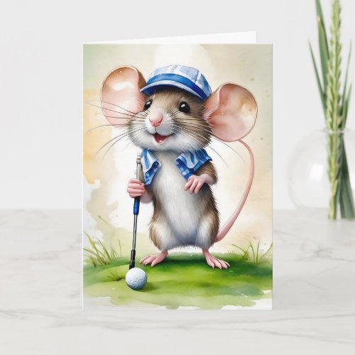 Cute Mouse Playing Golf Blank Greeting  Card