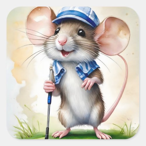 Cute Mouse Playing Golf  Square Sticker