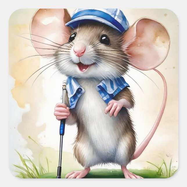 Cute Mouse Playing Golf  Square Sticker (Front)