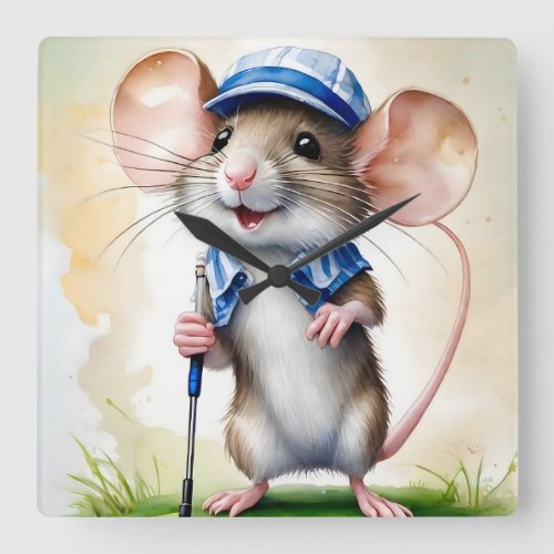 Cute Mouse Playing Golf  Square Wall Clock