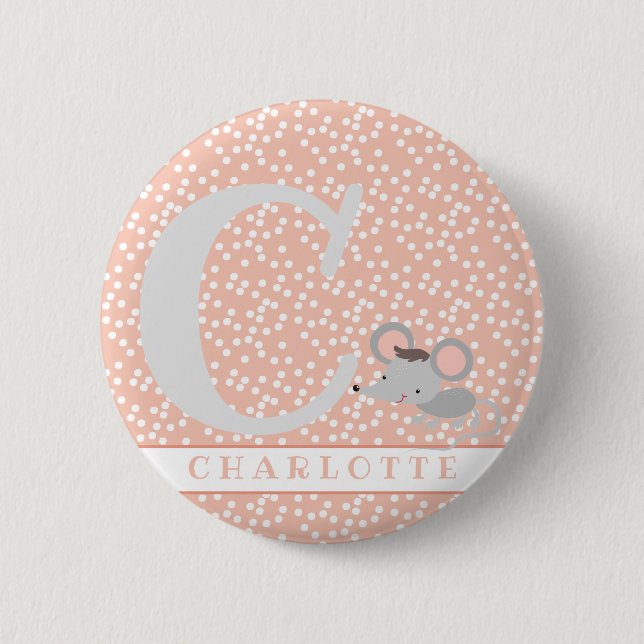 Cute Mouse & Polkadots Personalized Girl Birthday Button (Front)
