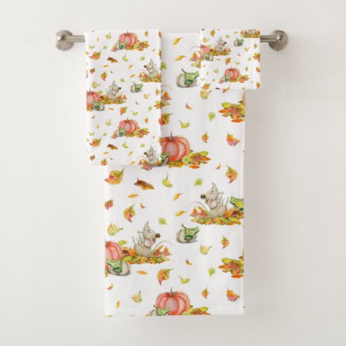 Cute mouse pumpkins and fall colorful pattern bath towel set