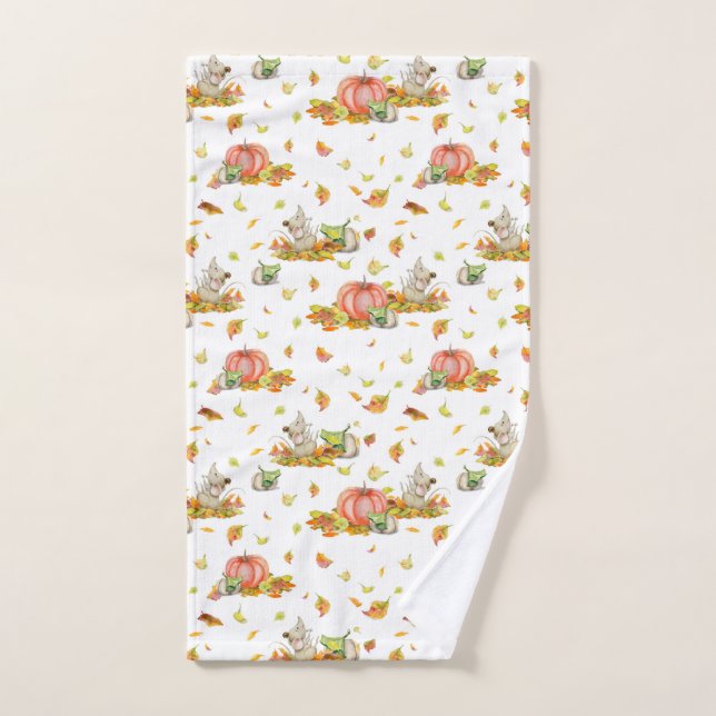 Cute mouse, pumpkins and fall colorful pattern hand towel  (Hand Towel)