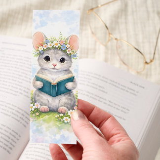 Cute Mouse Reading a Book Watercolor Floral Bookmarks