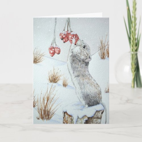 Cute mouse red berries snow scene wildlife  holiday card
