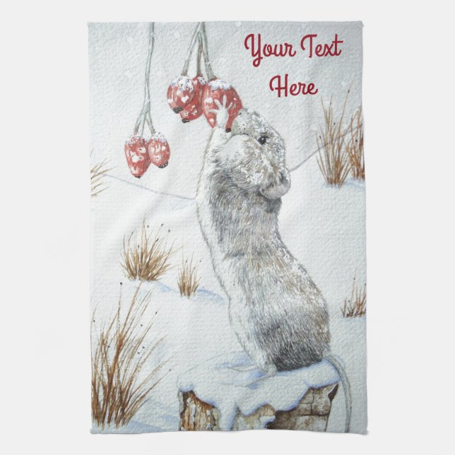 Cute mouse red berries snow scene wildlife kitchen towel (Vertical)