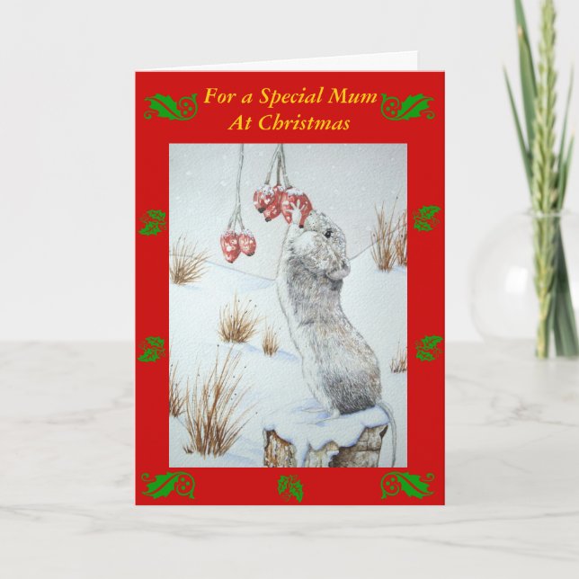 Cute mouse red berries snow scene wildlife versed holiday card (Front)