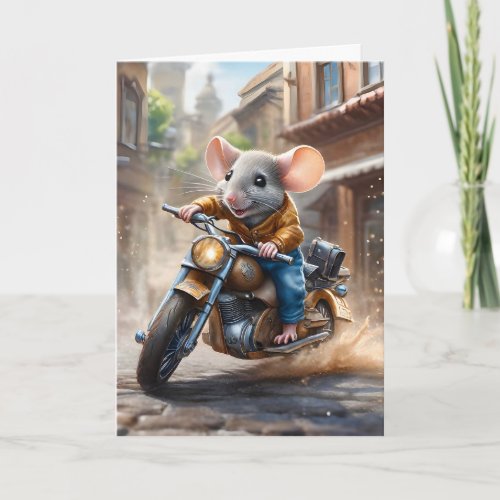 Cute Mouse Riding a Motorcycle Blank Greeting  Card