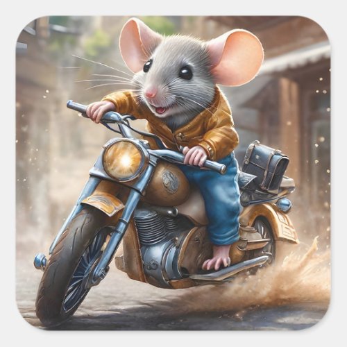 Cute Mouse Riding a Motorcycle  Square Sticker