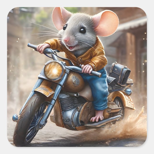 Cute Mouse Riding a Motorcycle  Square Sticker (Front)