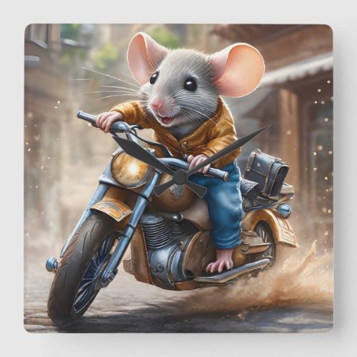 Cute Mouse Riding a Motorcycle  Square Wall Clock