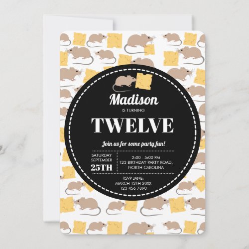 Cute Mouse Rodent Eating Cheese Birthday Invitation