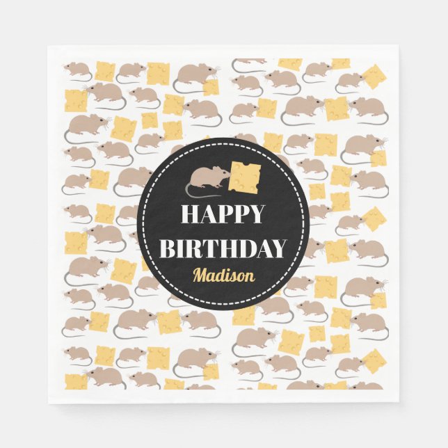 Cute Mouse Rodent Eating Cheese Birthday   Napkins (Front)