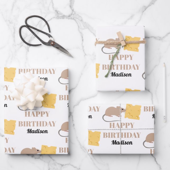 Cute Mouse Rodent Eating Cheese Birthday  Wrapping Paper Sheets (Front)