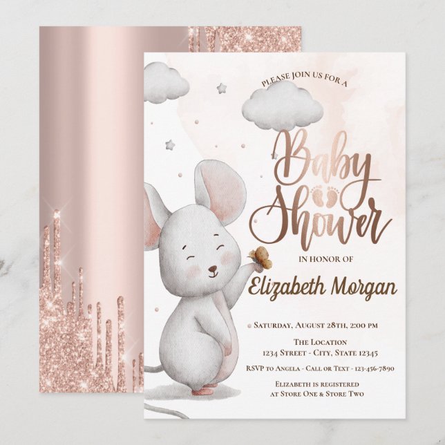 Cute Mouse Rose Gold Glitter Drips Baby Shower I Invitation (Front/Back)