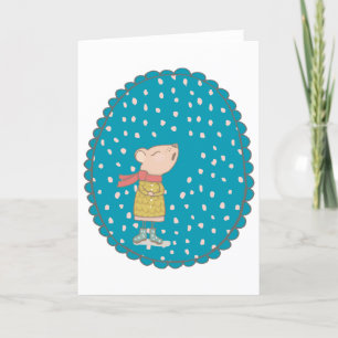 Cute Mouse Singing Christmas Carols in Blue Holiday Card