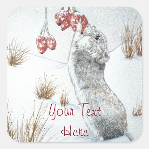 cute mouse snow scene seasonal wildlife square sticker