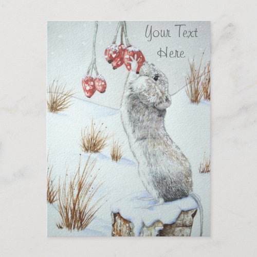 Cute mouse snow scene wildlife at christmas postcard